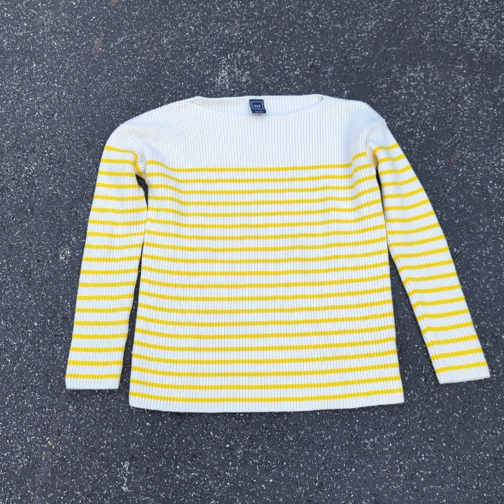 Gap Brand Boatneck Yellow/White Striped Sweater Medium Merino Wool Blend